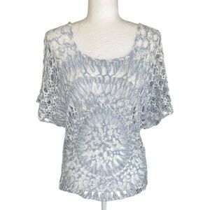 Coco + Carmen Light Blue & White Crochet Knit Short Sleeve Sweater Top - S / M